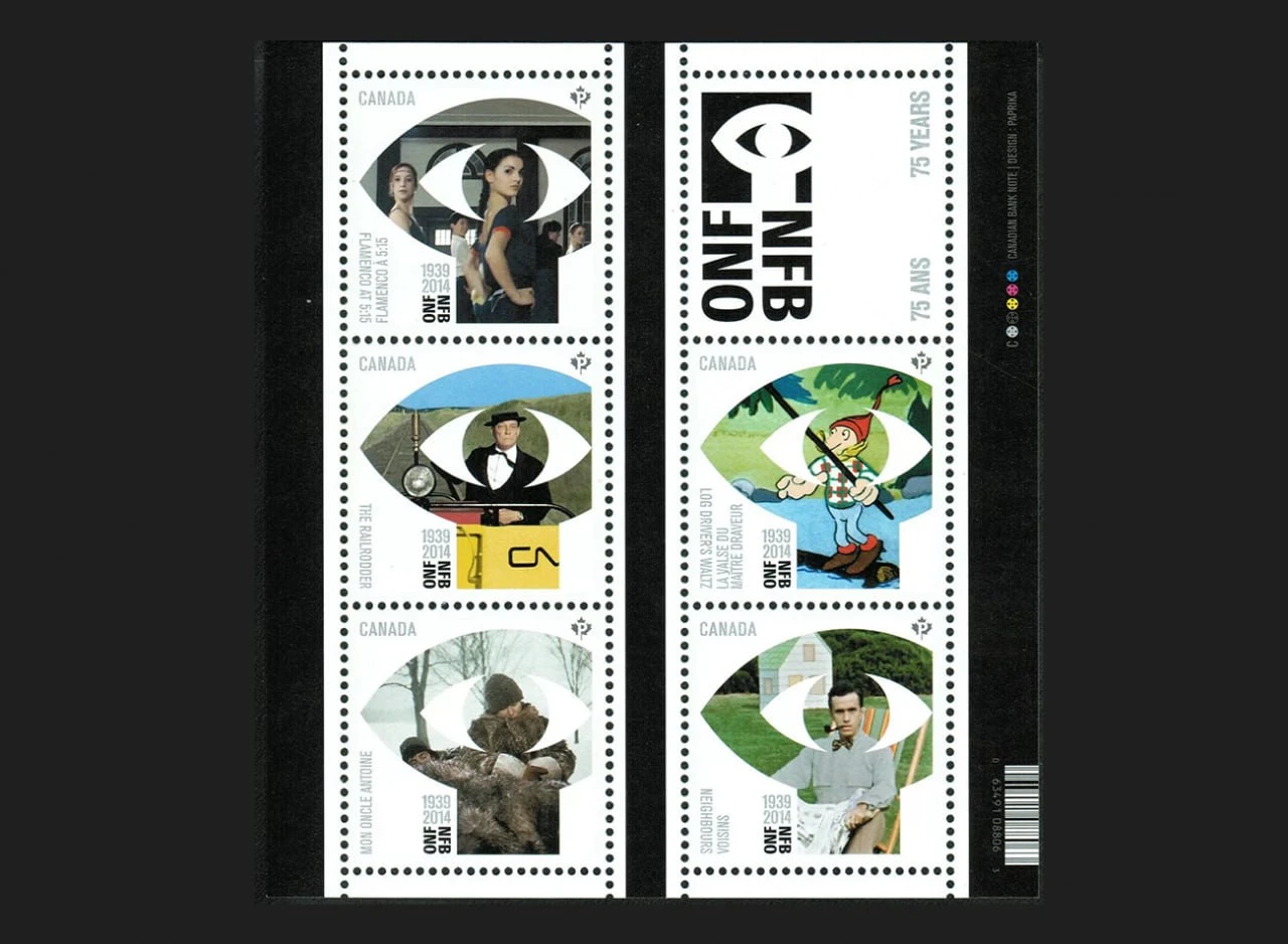 NFB postage stamps with film imagery inside eye shapes and a bilingual logo