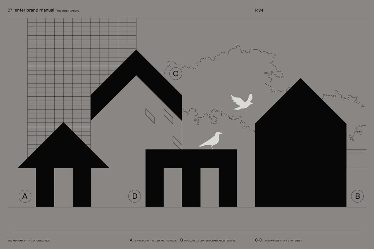 A page from Enter Arkitektur’s brand manual diagramming the houses, arrow and E that make up the mark.