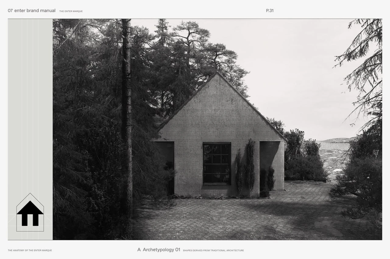 A brand manual page with a black-and-white photograph of a house among trees and a traditional architectural silhouette diagram at left.