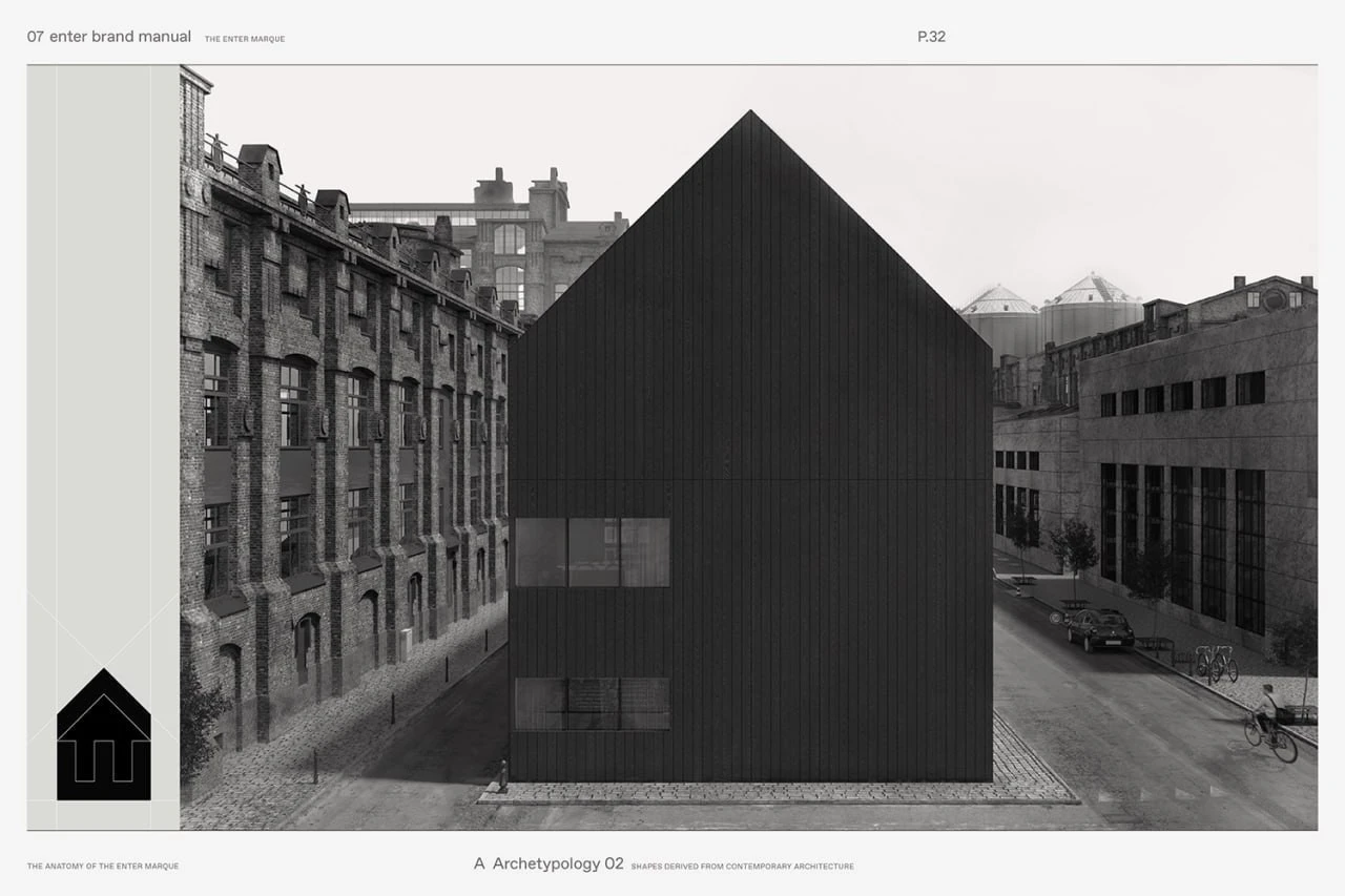 A brand manual page showing a dark, gabled building in an urban setting, with a diagram of the mark at left.