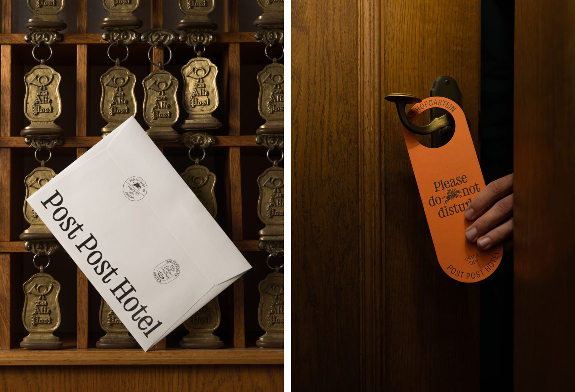 Left: a white Post Post Hotel envelope among old Alte Post keys. Right: an orange door hanger on a wooden door.