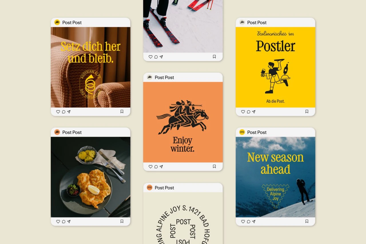 Post Post social media mockups featuring food, interiors, mountains, riders carrying skis and a Postler restaurant character.
