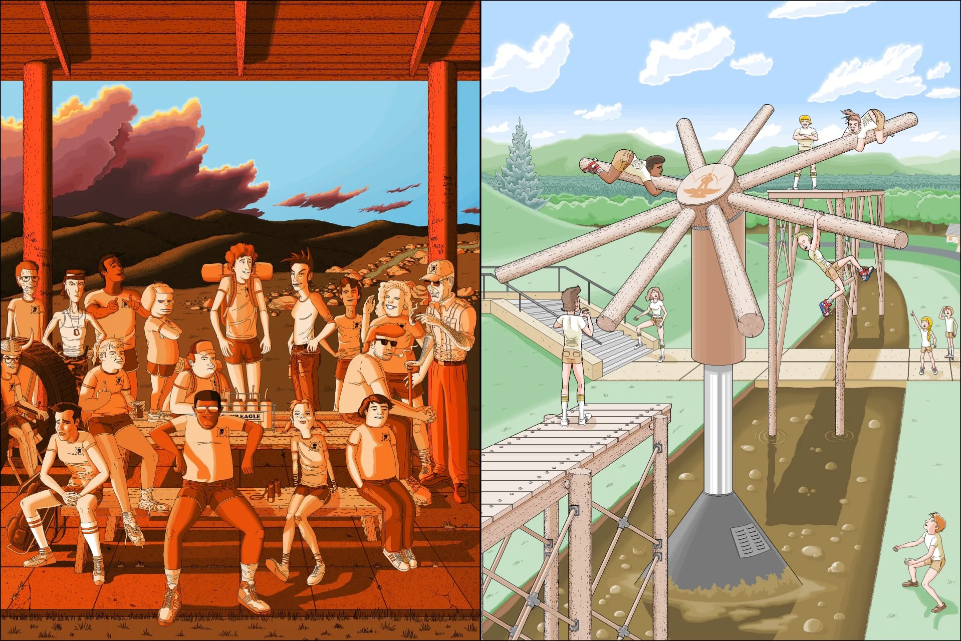 Two illustrations: a large group under a shelter at sunset and children navigating a wooden obstacle course.