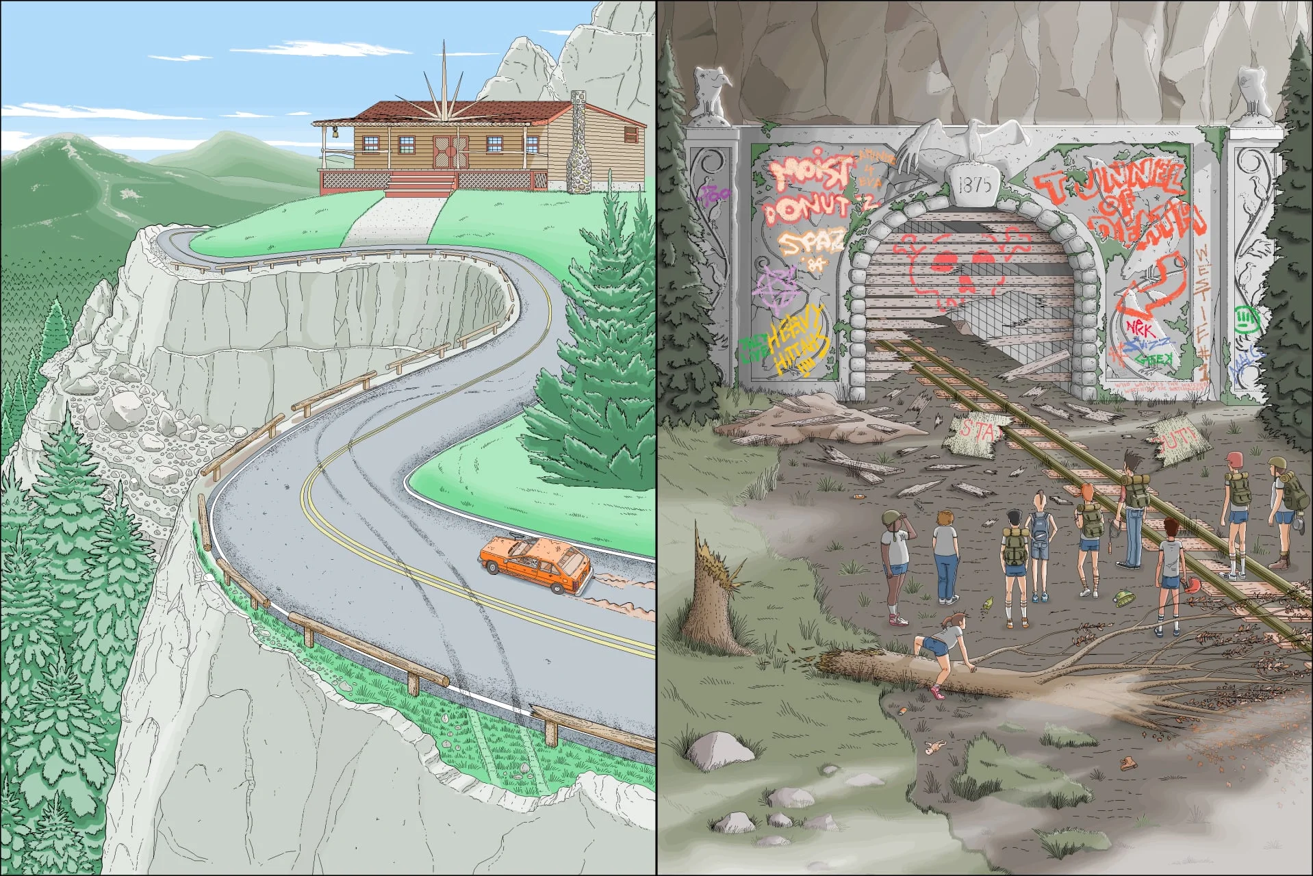 Two Camp Redblood scenes: a car on a winding mountain road and a group of teenagers facing an old tunnel.