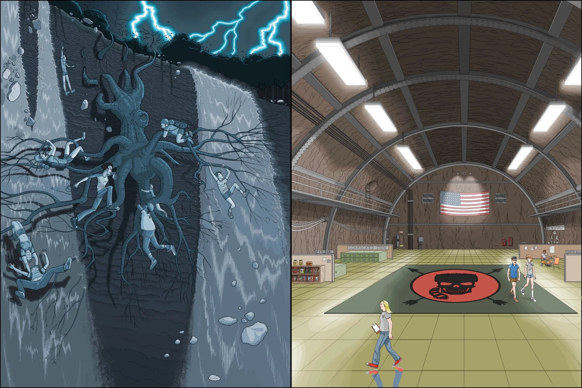 Lightning above a cliff with characters near a tree; alongside it, a large vaulted hall with an American flag.