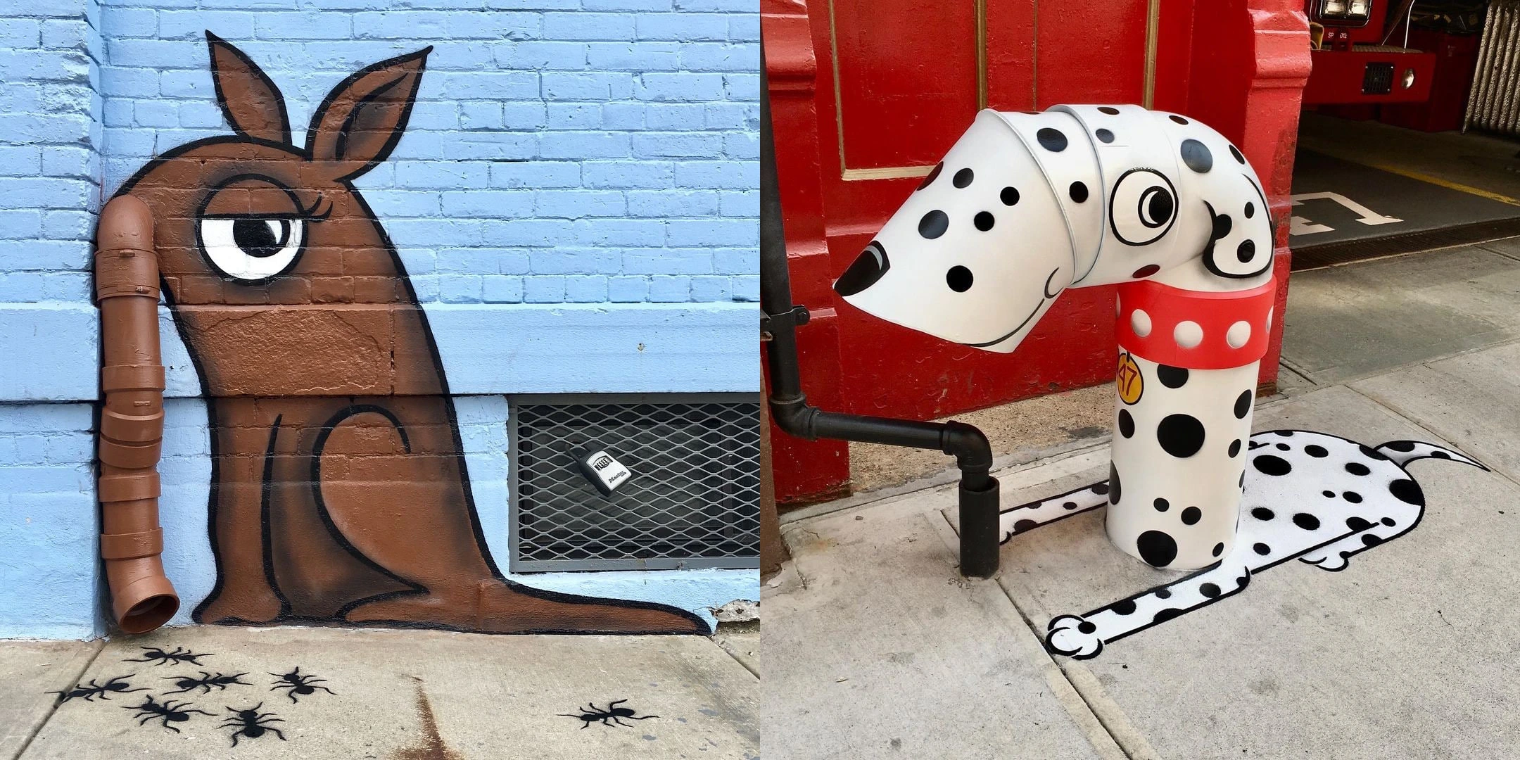 An anteater and a Dalmatian painted around real pipes