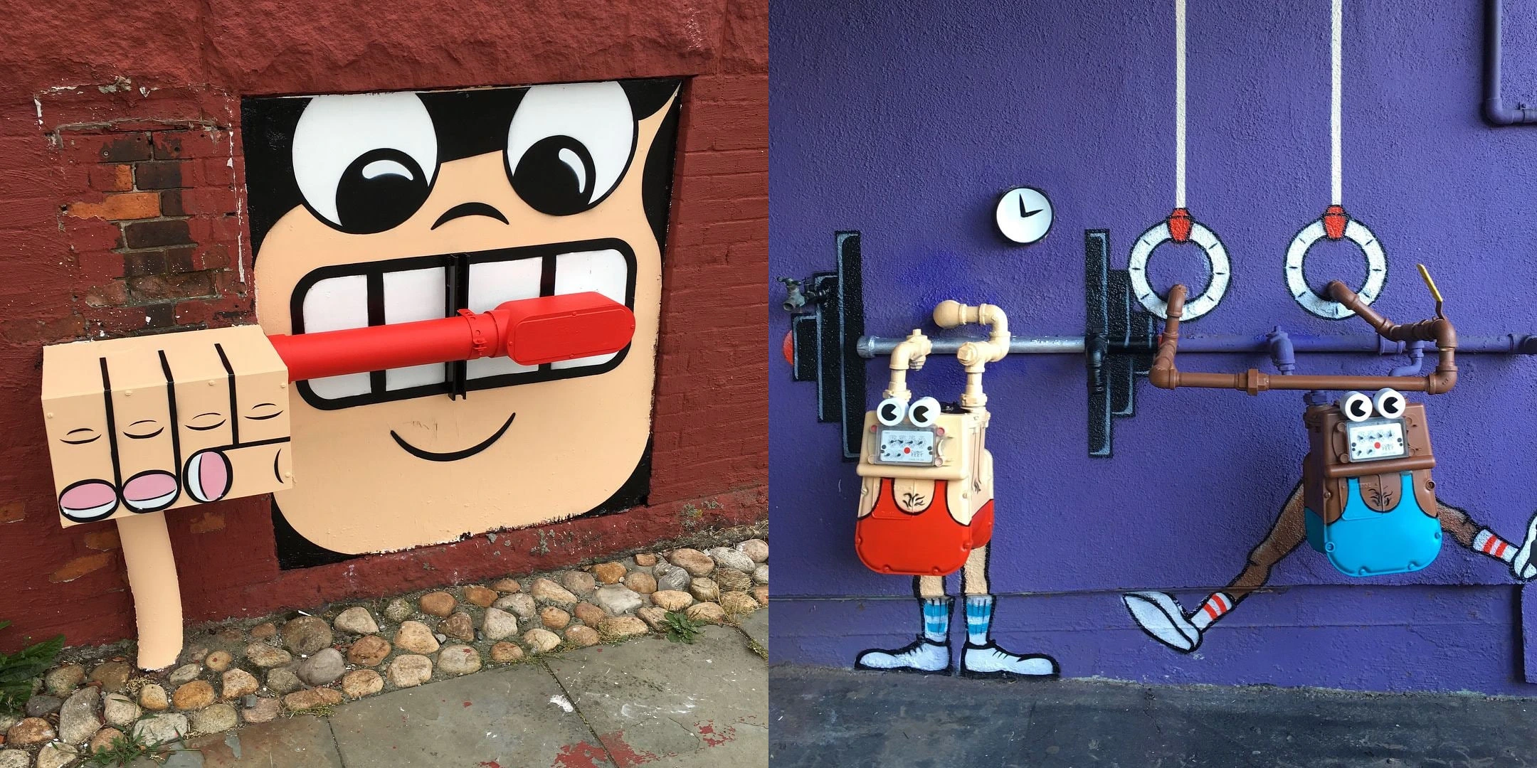 A character brushes its teeth with a pipe; utility meters become athletes