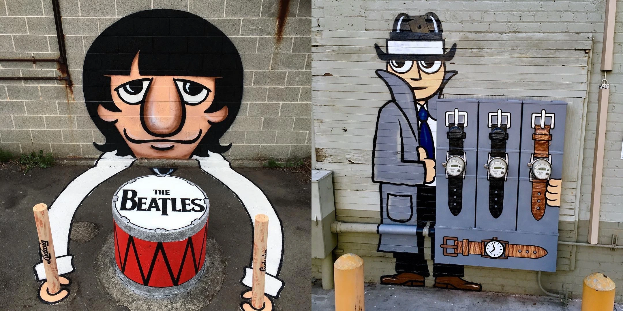A drummer uses a concrete cylinder as a drum; utility meters become a seller’s watches
