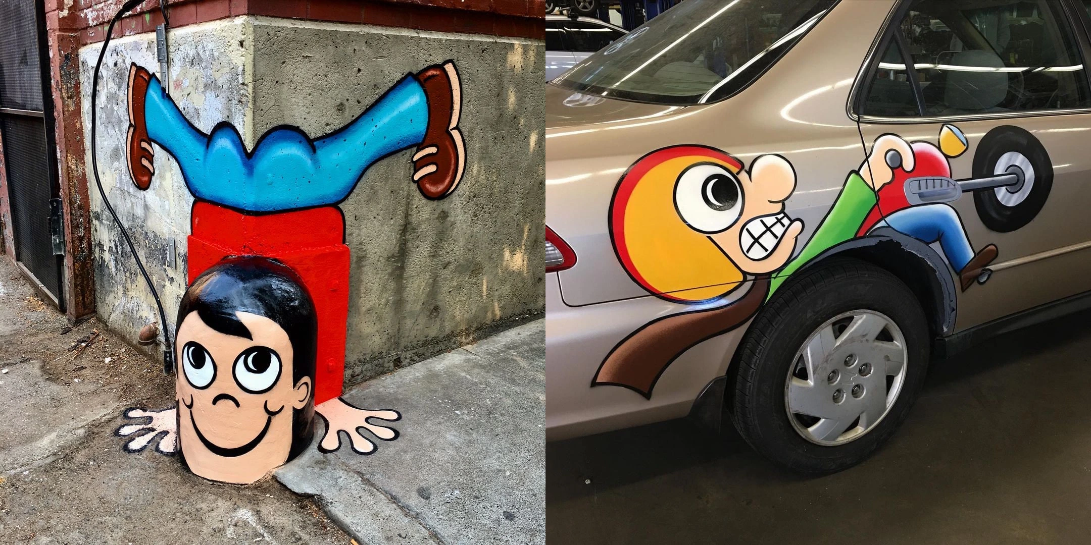 An upside-down character beside a wall; a painted motorcyclist incorporates a car wheel