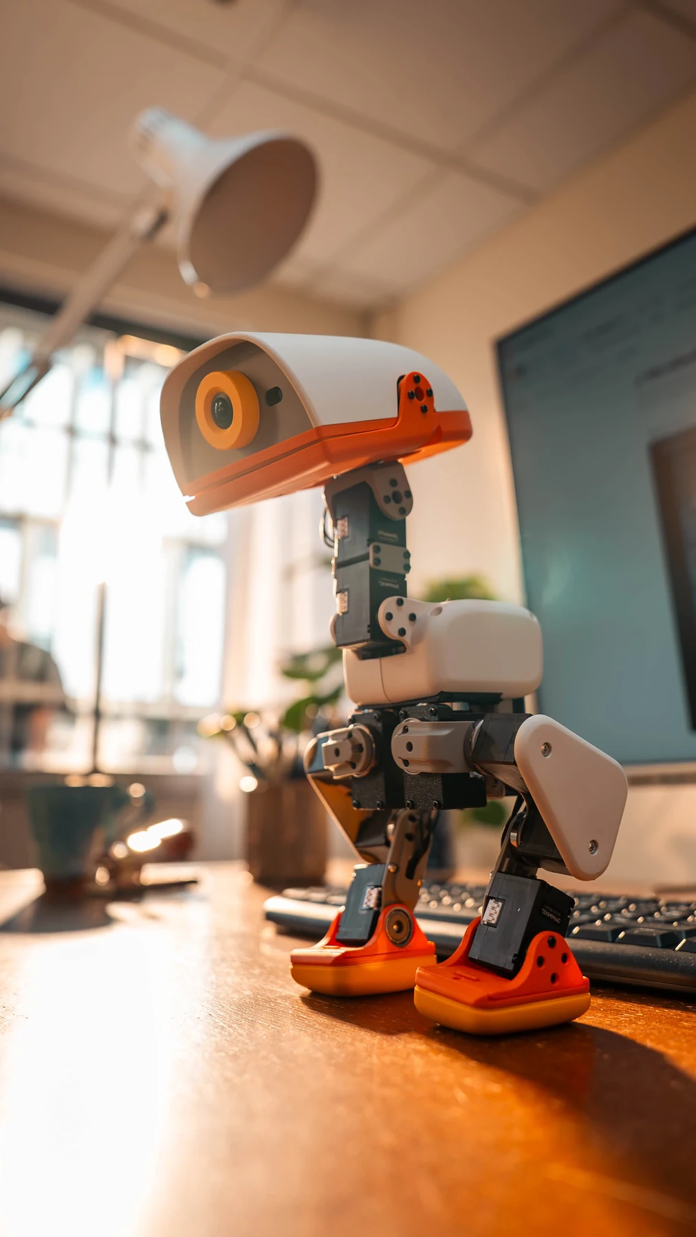 A cream Microduck with an orange beak and feet stands on a desk, showing its camera and exposed joints.