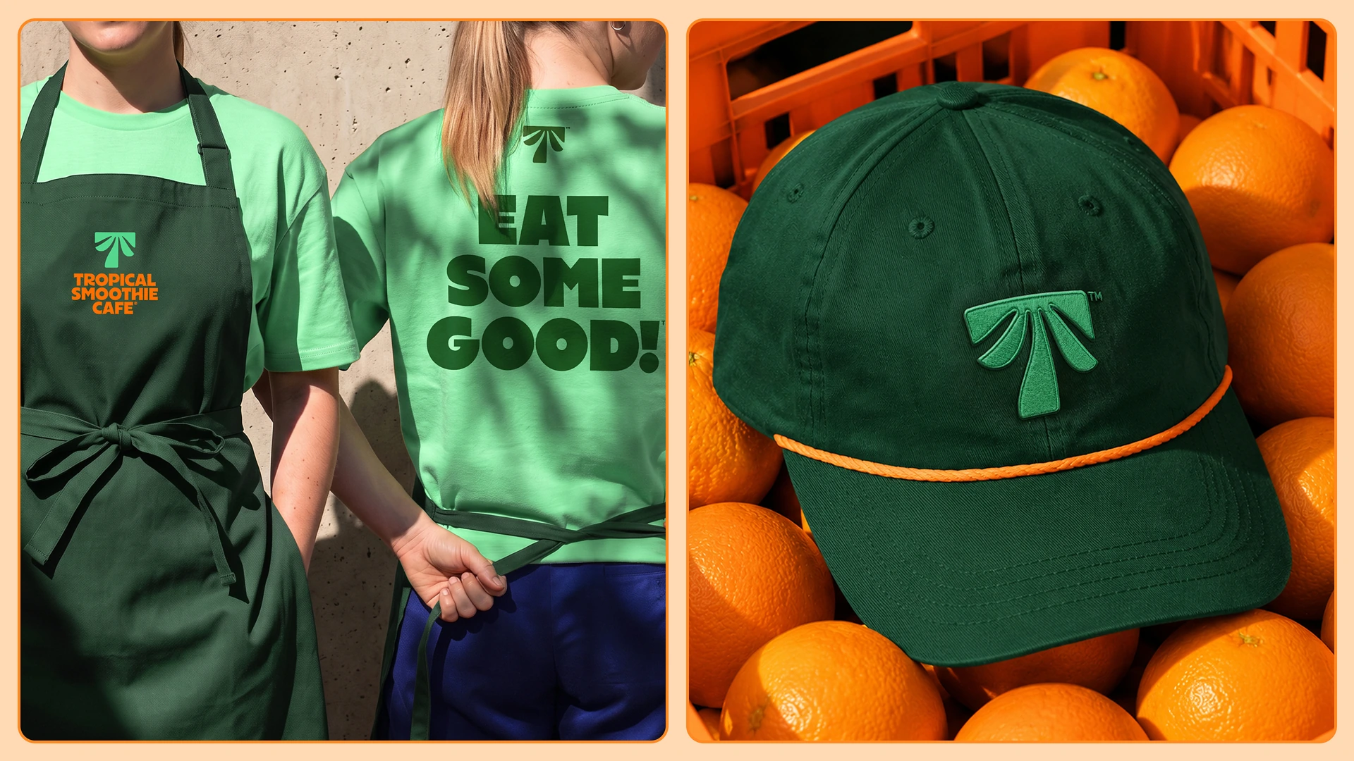 Green Tropical Smoothie Cafe shirts and apron beside a dark green cap with the palm symbol