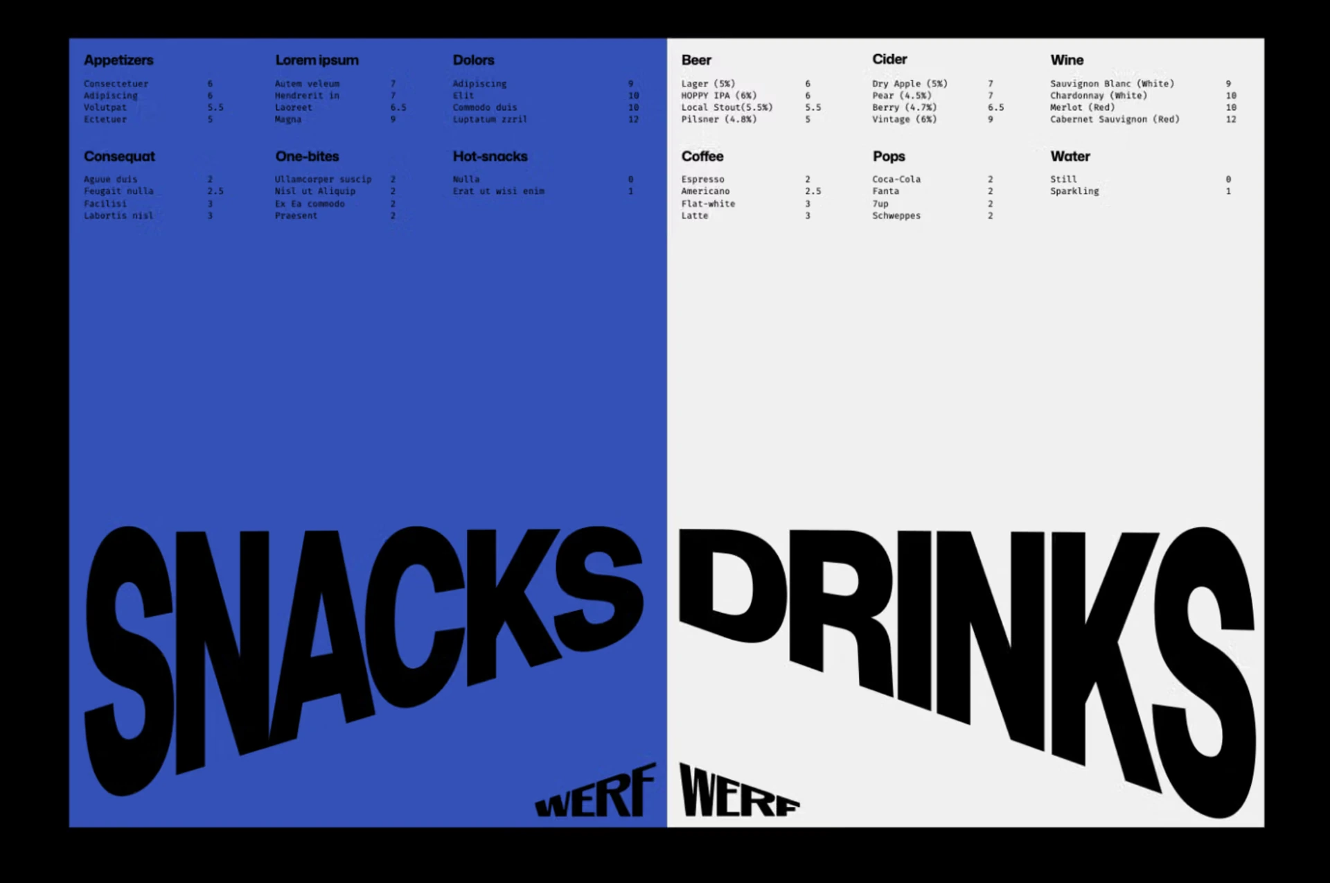 Синя та світла сторінки меню Werf із великими чорними написами Snacks і Drinks