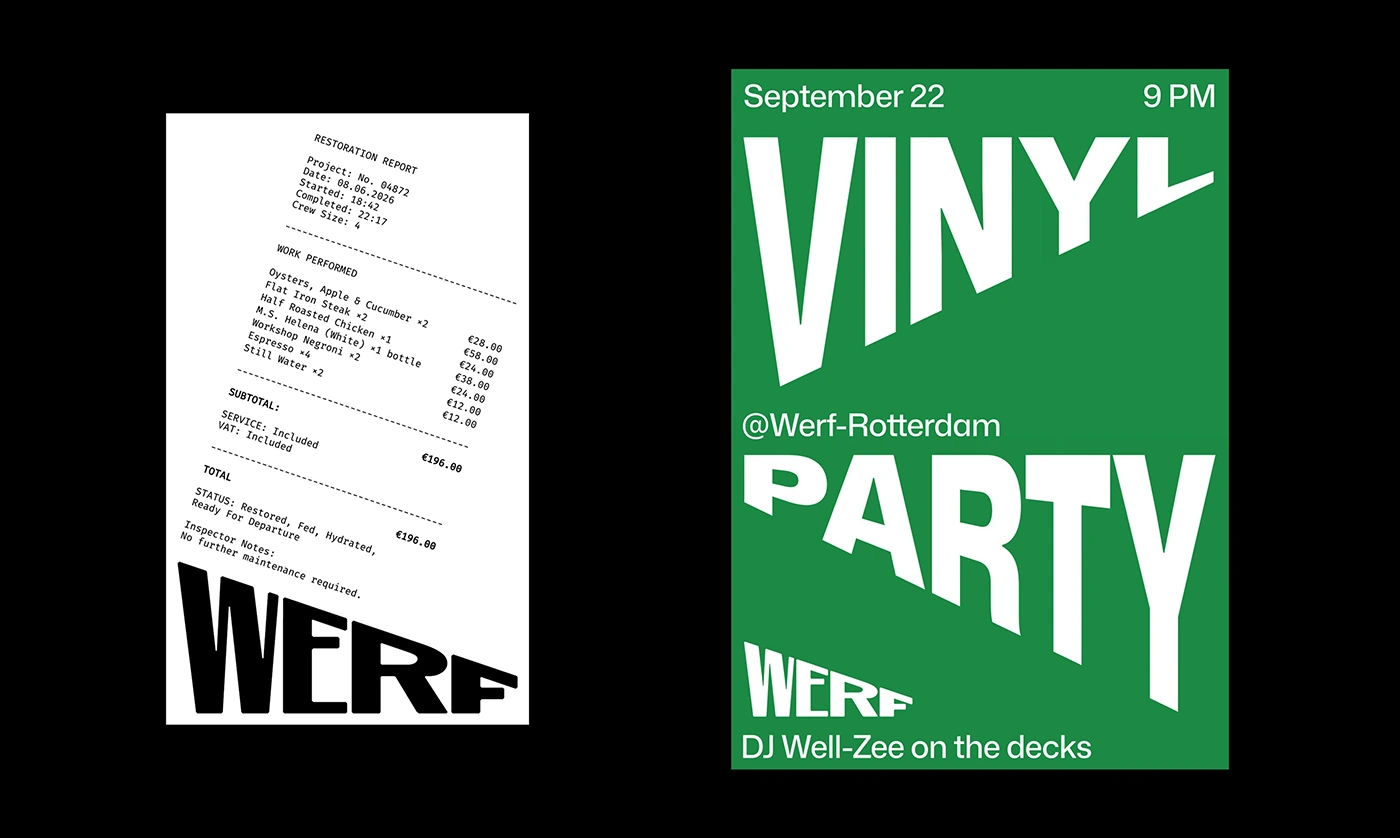 Чек із великим логотипом Werf і зелена афіша Vinyl Party із білими літерами