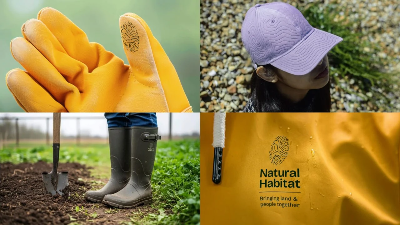Фірмовий стиль Natural Habitat на робочих рукавичках, кепці, чоботах та куртці