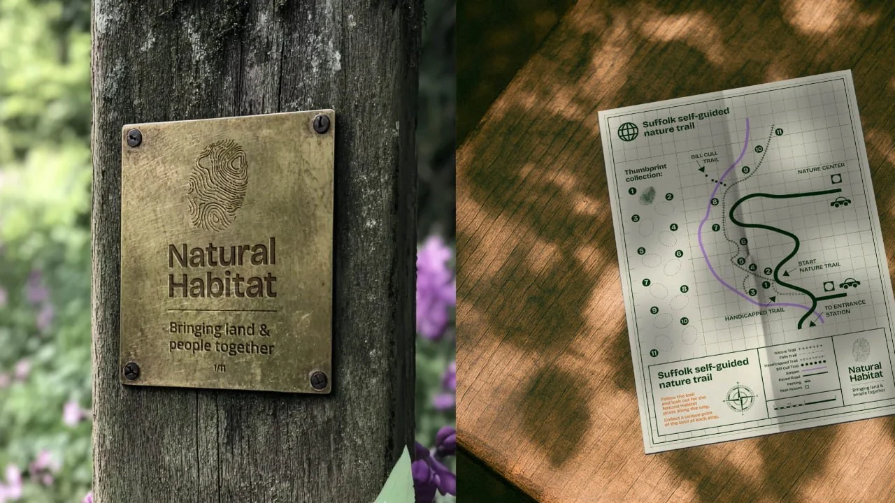 Металева табличка Natural Habitat на дереві та карта природного маршруту