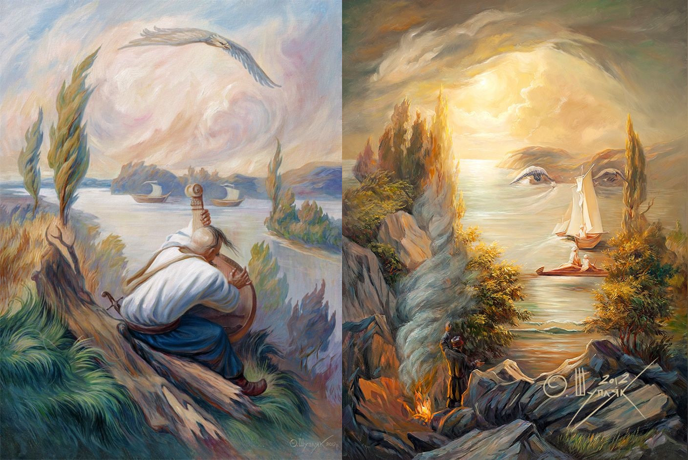 Two works by Oleg Shupliak: a kobzar beside water and a seascape with a sailing boat, each forming a face.