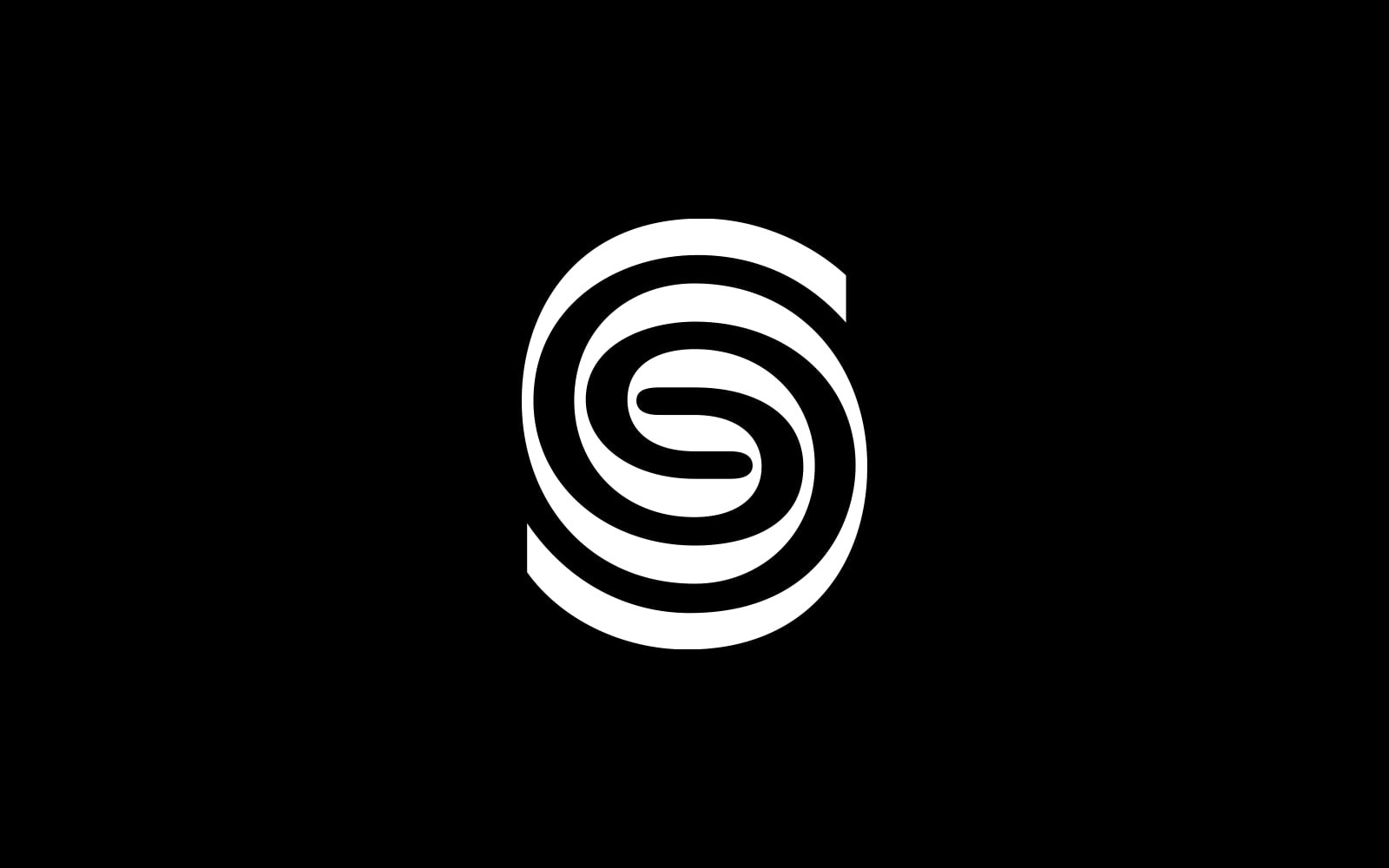 Sustana’s white spiral S-shaped symbol centred on a black background.
