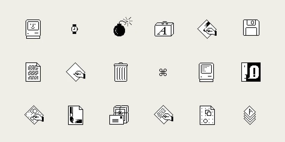 Сітка чорно-білих іконок Macintosh: усміхнений комп’ютер, годинник, кошик та інші символи.