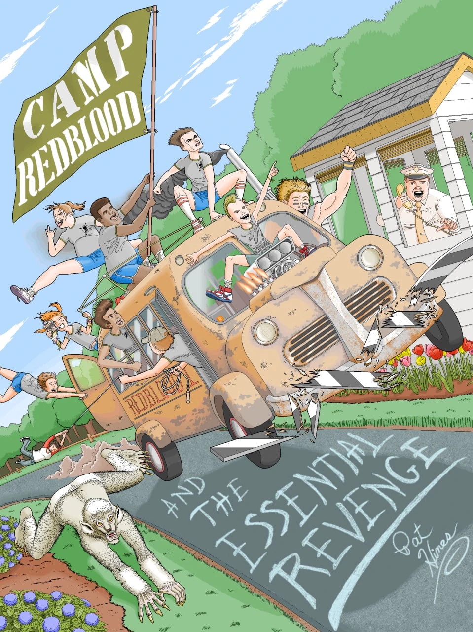 Patrick Hines’s Camp Redblood illustration featuring a bus full of characters, a green flag, and the words Essential Revenge.