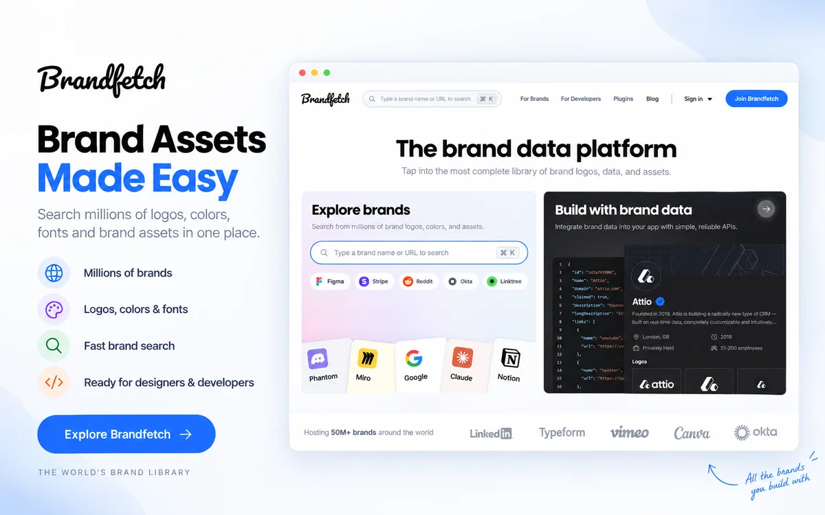 Brandfetch — логотипи, кольори, шрифти та бренд-активи 50+ млн брендів